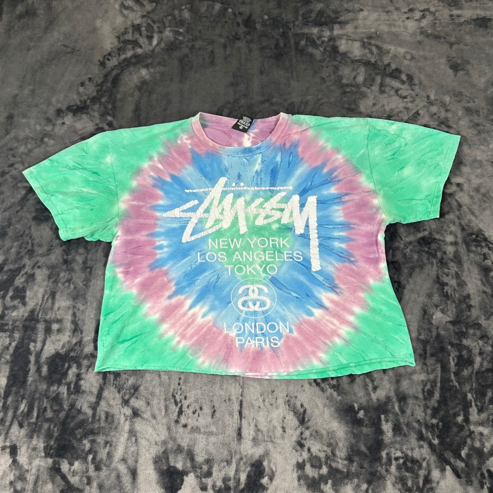 Stussy T-Shirt Mens Large Green Tie Dye World Tour Cropped Graphic Tee